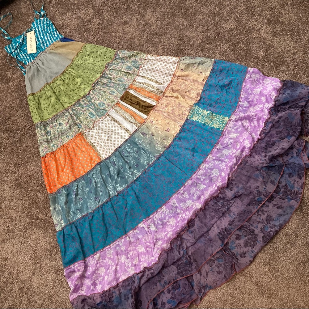 Sans Souci 100% Silk Multitexture Ruffle Boho Patchwork Maxi Dress Size M - Picture 14 of 14